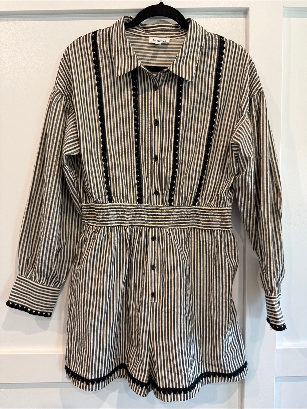 Striped Black & White Button-Front Romper with Smocked Waist
